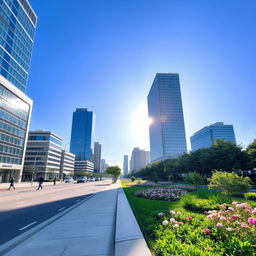 A serene and quiet city scene on a sunny day, where modern skyscrapers reflect the bright sunlight against a clear blue sky