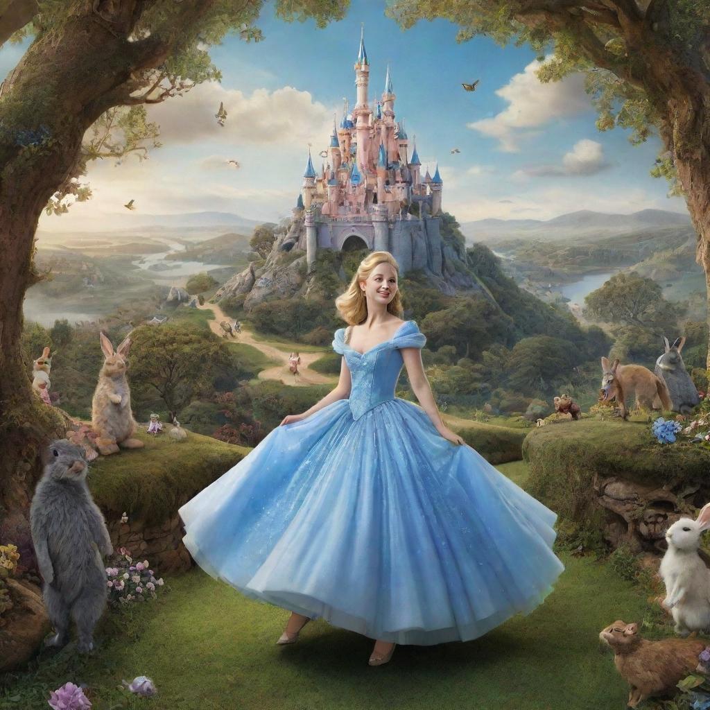 A fantastical blend of worlds: Cinderella, the classic princess, adventuring through the rabbit hole and exploring the peculiar landscape of Wonderland, filled with magical creatures and whimsical structures