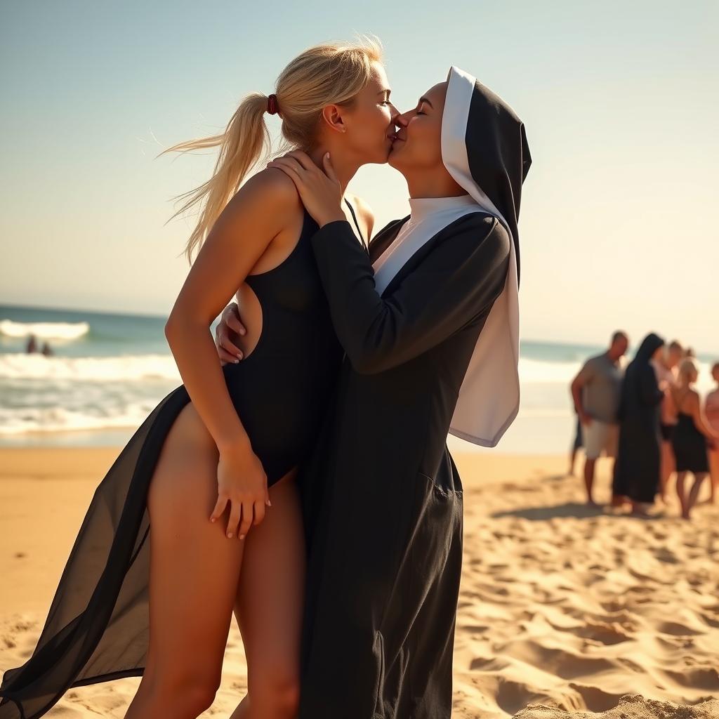 A tall, slim blonde girl wearing a high cut leotard swimsuit is tenderly kissing a nun on a sunny beach