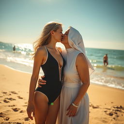 A tall, slim blonde girl wearing a high cut leotard swimsuit is tenderly kissing a nun on a sunny beach