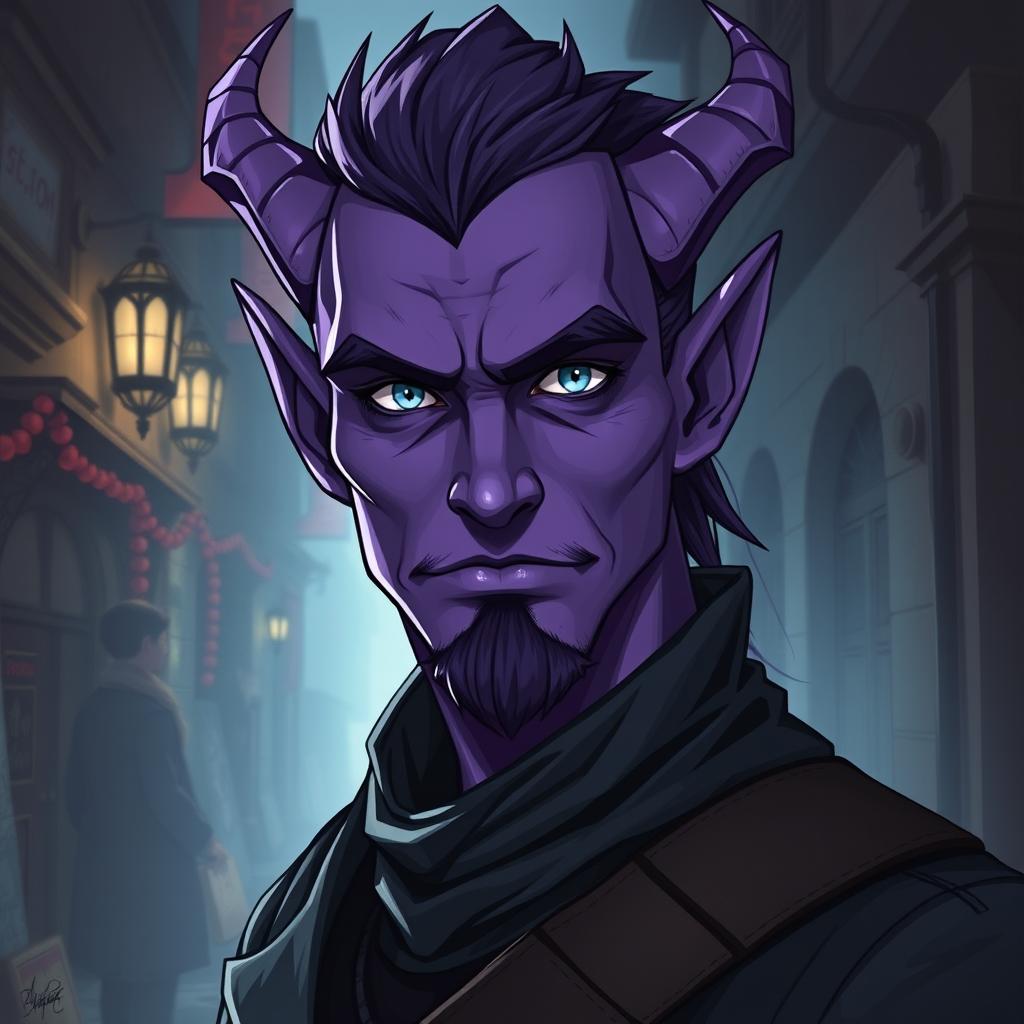 A 25-year-old male tiefling thief with vibrant purple skin, exuding an aura of charm and mischief