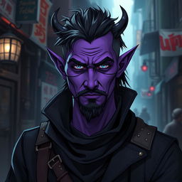 A 25-year-old male tiefling thief with vibrant purple skin, exuding an aura of charm and mischief