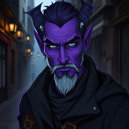 A 25-year-old male tiefling thief with vibrant purple skin, exuding an aura of charm and mischief