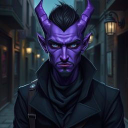 A 25-year-old male tiefling thief with vibrant purple skin, exuding an aura of charm and mischief