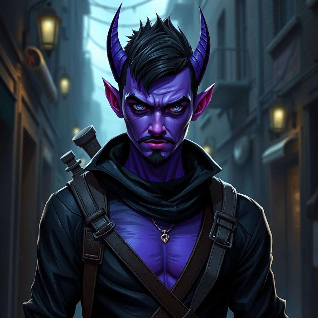 A young male tiefling thief with vibrant purple skin, exuding a playful and cunning demeanor