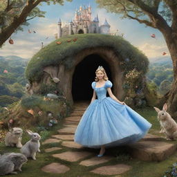 A fantastical blend of worlds: Cinderella, the classic princess, adventuring through the rabbit hole and exploring the peculiar landscape of Wonderland, filled with magical creatures and whimsical structures