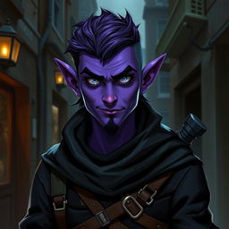 A young male tiefling thief with vibrant purple skin, exuding a playful and cunning demeanor