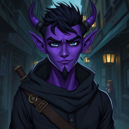 A young male tiefling thief with vibrant purple skin, exuding a playful and cunning demeanor