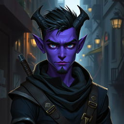 A young male tiefling thief with vibrant purple skin, exuding a playful and cunning demeanor