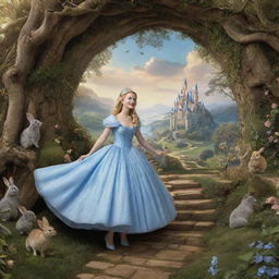 A fantastical blend of worlds: Cinderella, the classic princess, adventuring through the rabbit hole and exploring the peculiar landscape of Wonderland, filled with magical creatures and whimsical structures