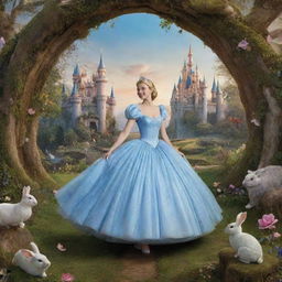 A fantastical blend of worlds: Cinderella, the classic princess, adventuring through the rabbit hole and exploring the peculiar landscape of Wonderland, filled with magical creatures and whimsical structures