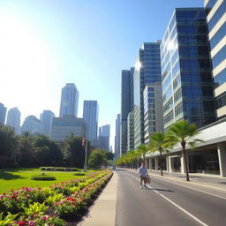 A peaceful and bright city scene on a sunny day, where modern skyscrapers glisten under the warm sunshine against a clear blue sky