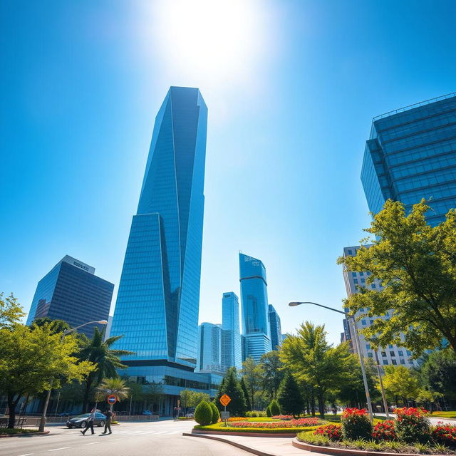 A peaceful and bright city scene on a sunny day, where modern skyscrapers glisten under the warm sunshine against a clear blue sky