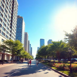 A peaceful and bright city scene on a sunny day, where modern skyscrapers glisten under the warm sunshine against a clear blue sky