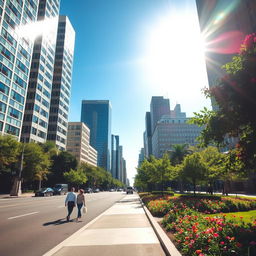 A peaceful and bright city scene on a sunny day, where modern skyscrapers glisten under the warm sunshine against a clear blue sky