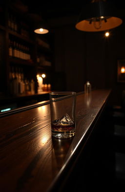 A dimly lit bar scene featuring a wooden bar counter, with ambient low lighting that creates a cozy, intimate atmosphere