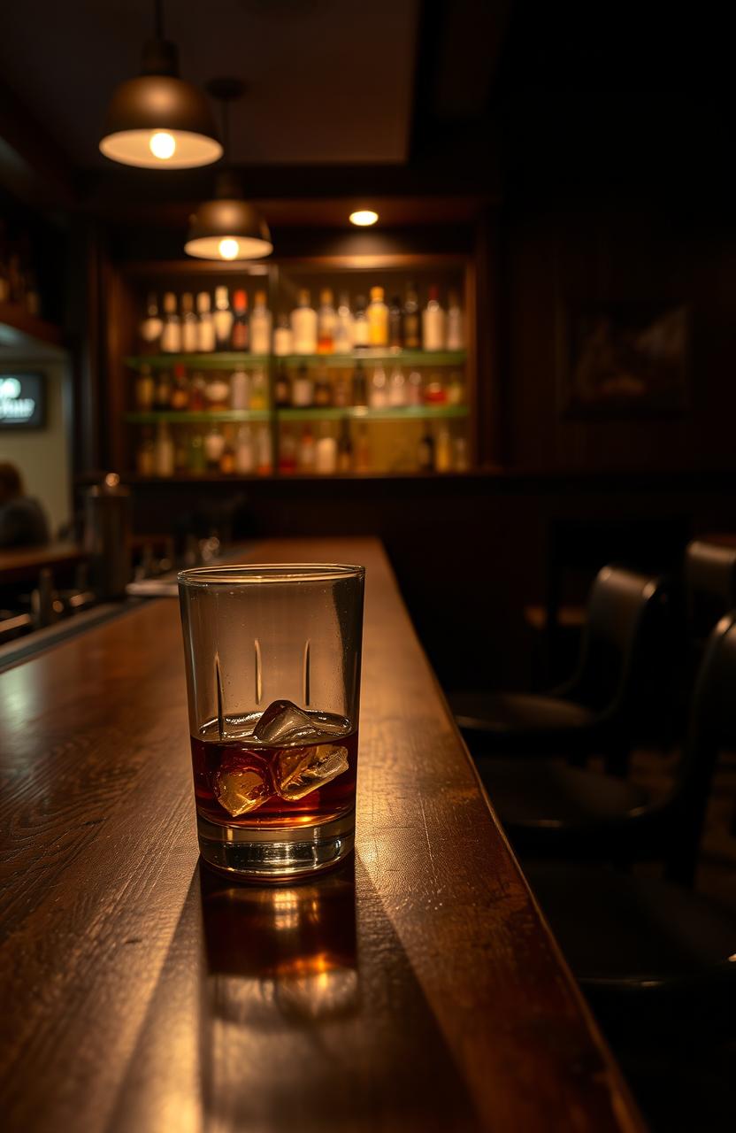 A dimly lit bar scene featuring a wooden bar counter, with ambient low lighting that creates a cozy, intimate atmosphere