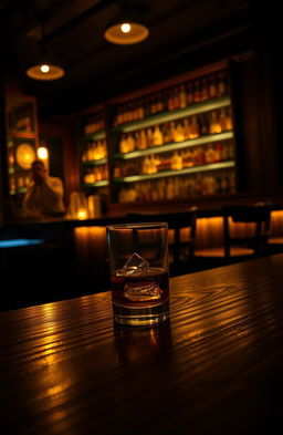 A dimly lit bar scene featuring a wooden bar counter, with ambient low lighting that creates a cozy, intimate atmosphere