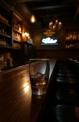A dimly lit bar scene featuring a wooden bar counter, with ambient low lighting that creates a cozy, intimate atmosphere
