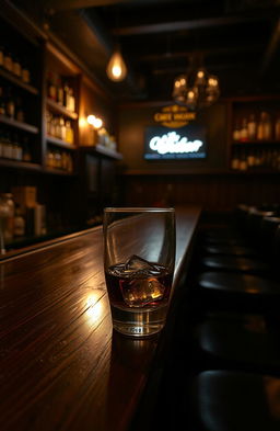 A dimly lit bar scene featuring a wooden bar counter, with ambient low lighting that creates a cozy, intimate atmosphere