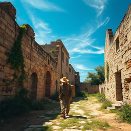 A solitary man entering a ruined Hispano colonial village, with crumbling stone buildings and faded facades that tell a story of a once-thriving settlement