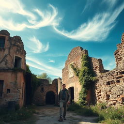 A solitary man entering a ruined Hispano colonial village, with crumbling stone buildings and faded facades that tell a story of a once-thriving settlement