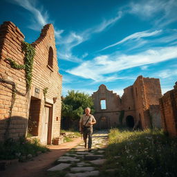 A solitary man entering a ruined Hispano colonial village, with crumbling stone buildings and faded facades that tell a story of a once-thriving settlement