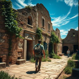 A solitary man entering a ruined Hispano colonial village, with crumbling stone buildings and faded facades that tell a story of a once-thriving settlement