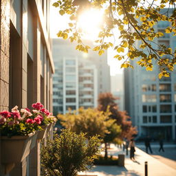 A close-up background shot of a serene cityscape on a sunny day, featuring softly lit modern buildings that reflect the warm sunlight