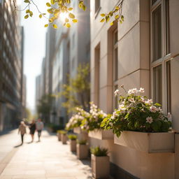 A close-up background shot of a serene cityscape on a sunny day, featuring softly lit modern buildings that reflect the warm sunlight