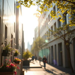 A close-up background shot of a serene cityscape on a sunny day, featuring softly lit modern buildings that reflect the warm sunlight