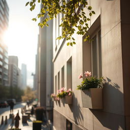 A close-up background shot of a serene cityscape on a sunny day, featuring softly lit modern buildings that reflect the warm sunlight