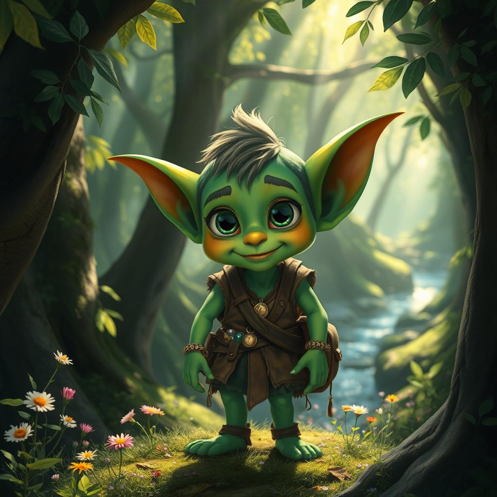 A whimsical goblin character standing in a dense, enchanted forest