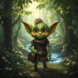 A whimsical goblin character standing in a dense, enchanted forest