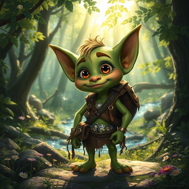 A whimsical goblin character standing in a dense, enchanted forest