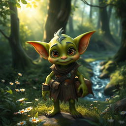 A whimsical goblin character standing in a dense, enchanted forest