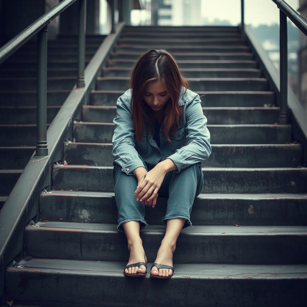 A woman sitting on a set of worn stairs, her posture reflecting deep despair