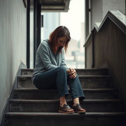 A woman sitting on a set of worn stairs, her posture reflecting deep despair