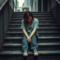 A woman sitting on a set of worn stairs, her posture reflecting deep despair