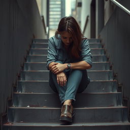 A woman sitting on a set of worn stairs, her posture reflecting deep despair