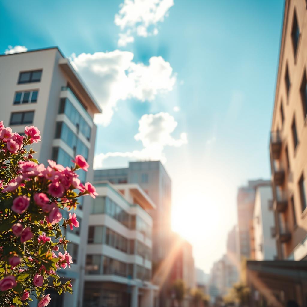 A close-up background of a quiet city on a sunny day, featuring a bright blue sky with fluffy white clouds