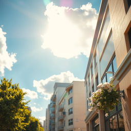 A close-up background of a quiet city on a sunny day, featuring a bright blue sky with fluffy white clouds