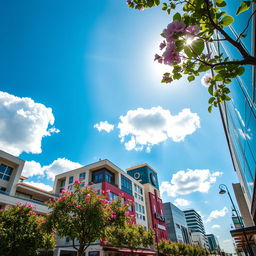 A close-up background of a quiet city on a sunny day, featuring a bright blue sky with fluffy white clouds