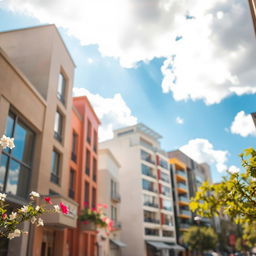 A close-up background of a quiet city on a sunny day, featuring a bright blue sky with fluffy white clouds