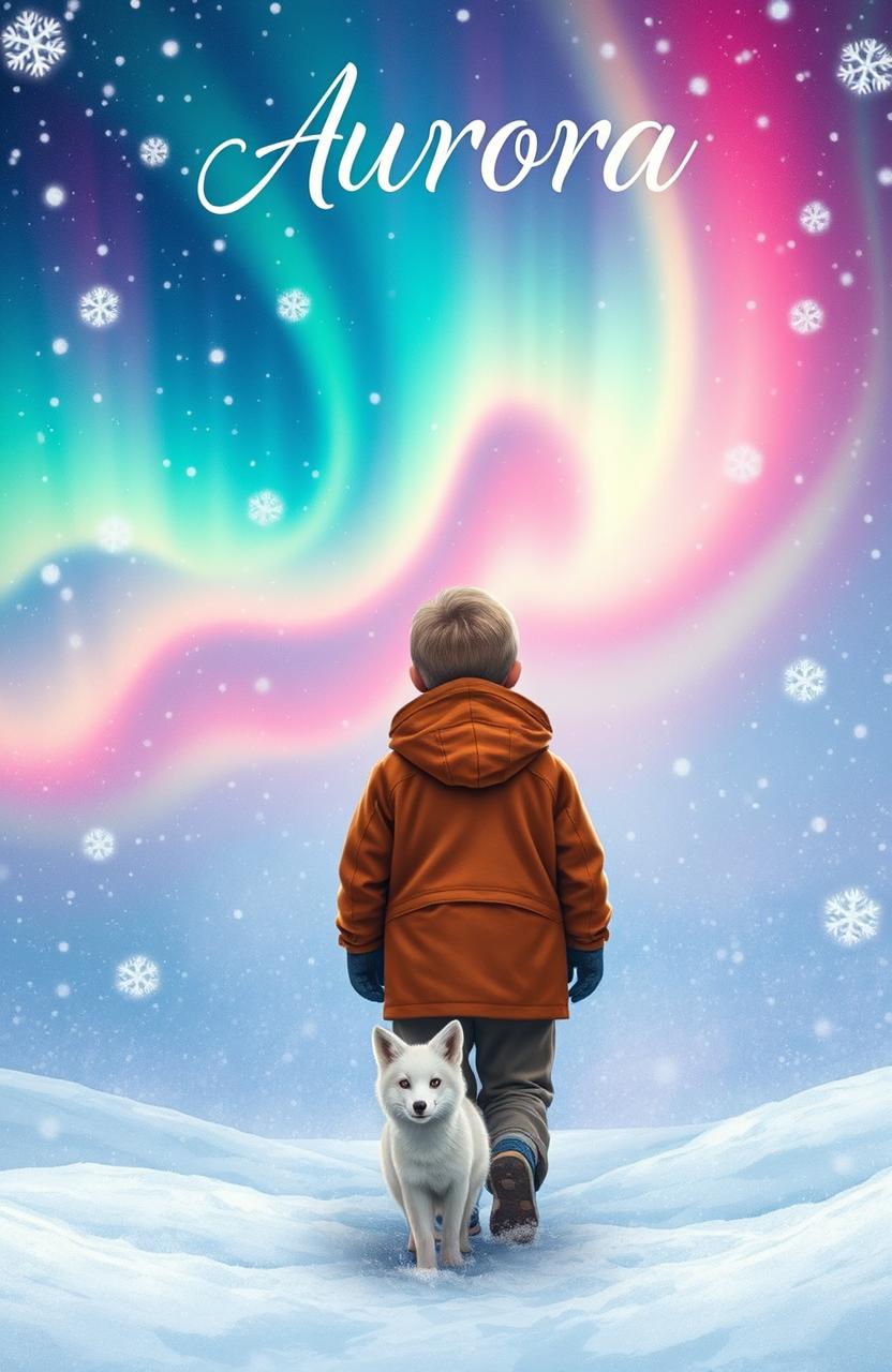 A boy walking away in a snowstorm, surrounded by swirling snowflakes