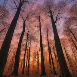 Generate an enchanting image of a serene forest at sunset, with tall, ancient trees silhouetted against a sky ablaze with colors.