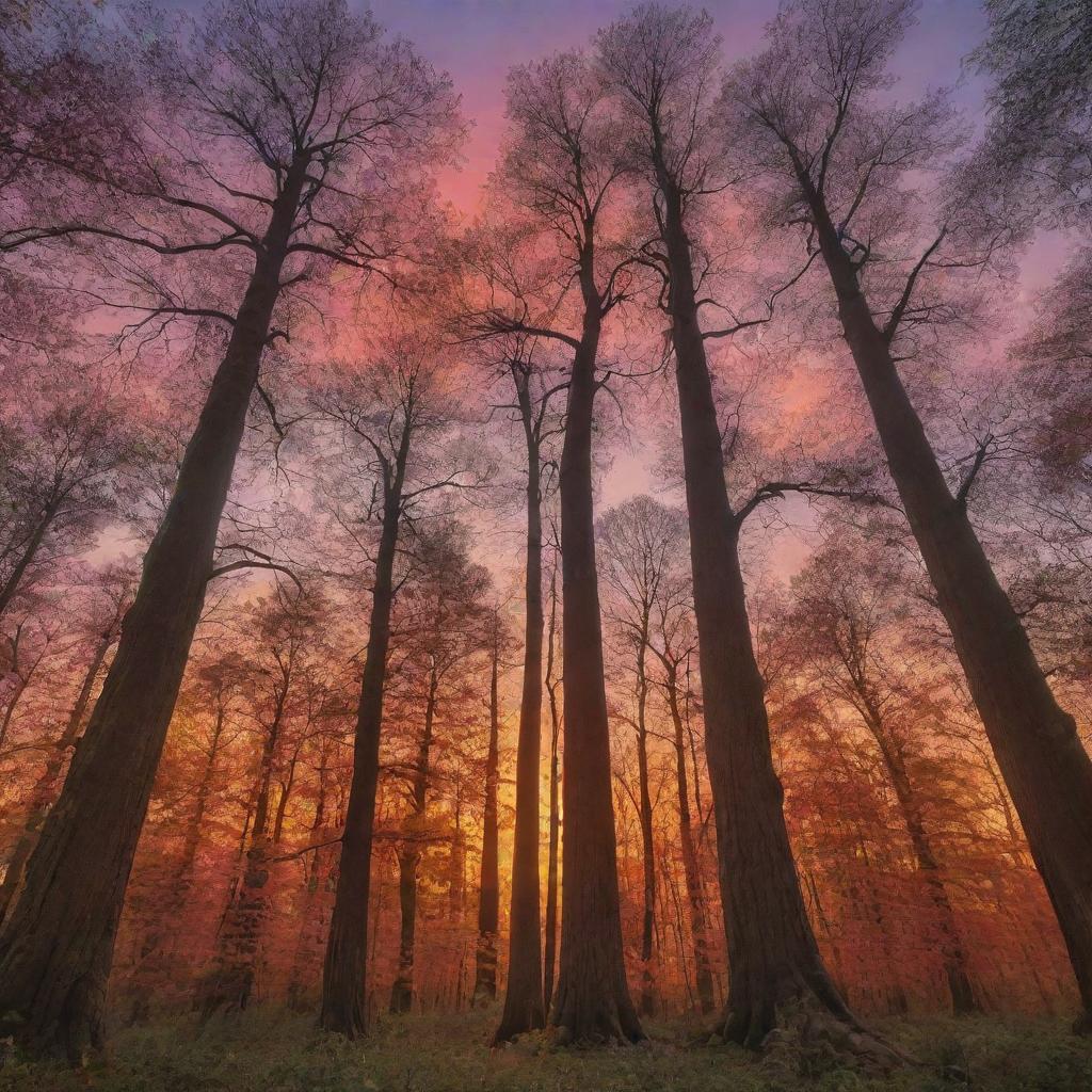 Generate an enchanting image of a serene forest at sunset, with tall, ancient trees silhouetted against a sky ablaze with colors.