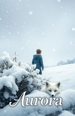 A young boy walking in the far distance during a swirling snowstorm, enveloped in a winter wonderland atmosphere