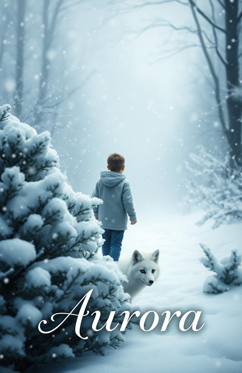 A young boy walking in the far distance during a swirling snowstorm, enveloped in a winter wonderland atmosphere