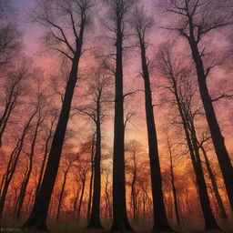 Generate an enchanting image of a serene forest at sunset, with tall, ancient trees silhouetted against a sky ablaze with colors.